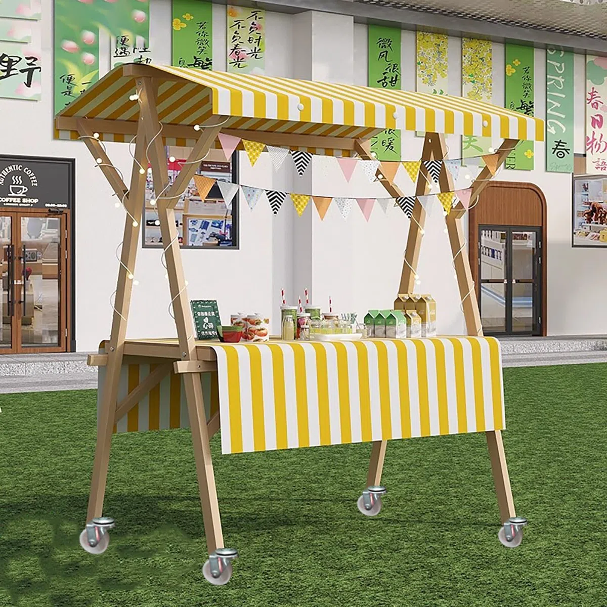 Holz-Streetwagen auf Rädern – Spielzeughändlerstand für Veranstaltungen und Märkte im Freien, 150 cm breit, kommerzieller Lebensmittelständer für Kinder zum Spielen und imativen Spaß