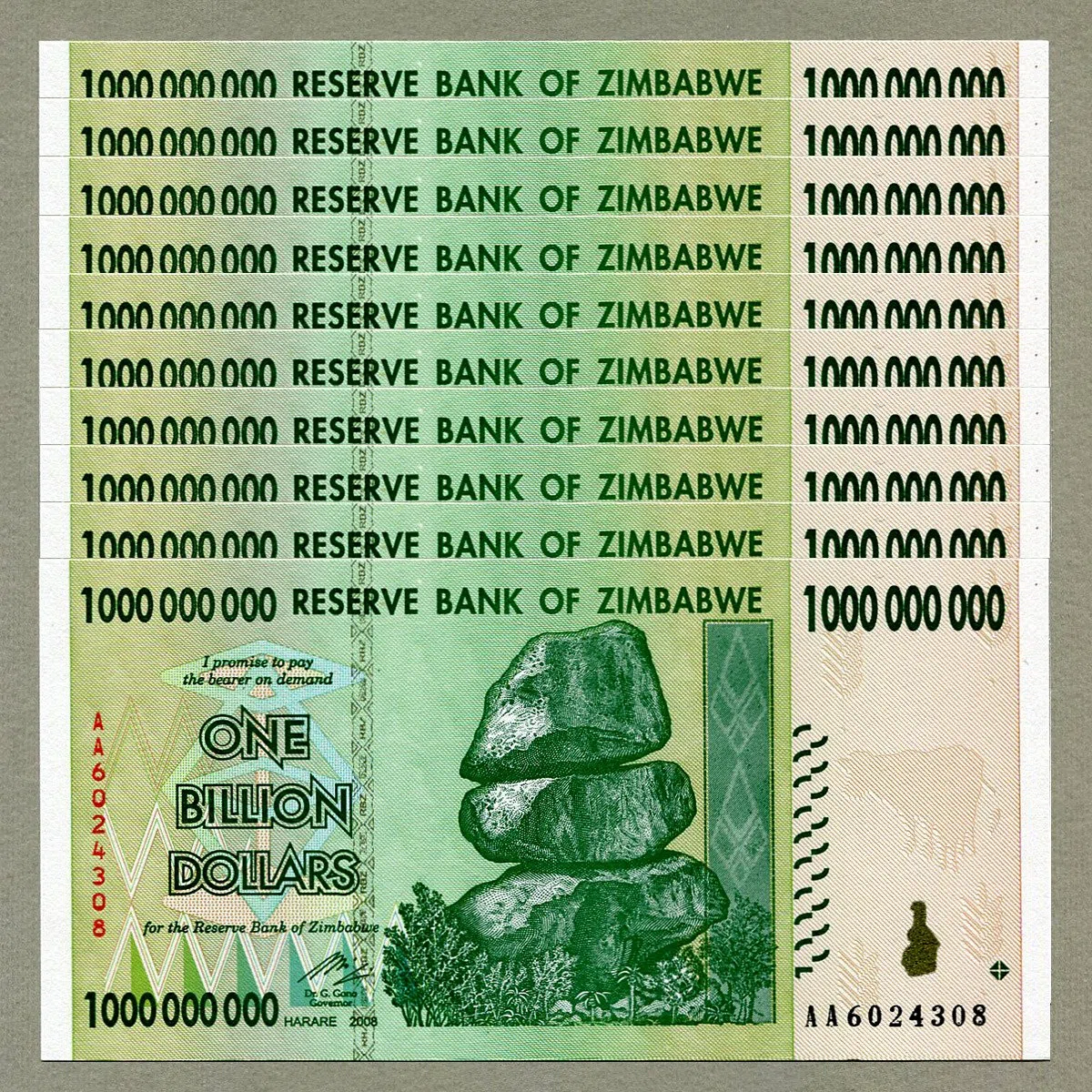Zimbabwe 1 Billion Dollars x 10 pcs AA 2008 P83 Consecutive UNC Currency Bills