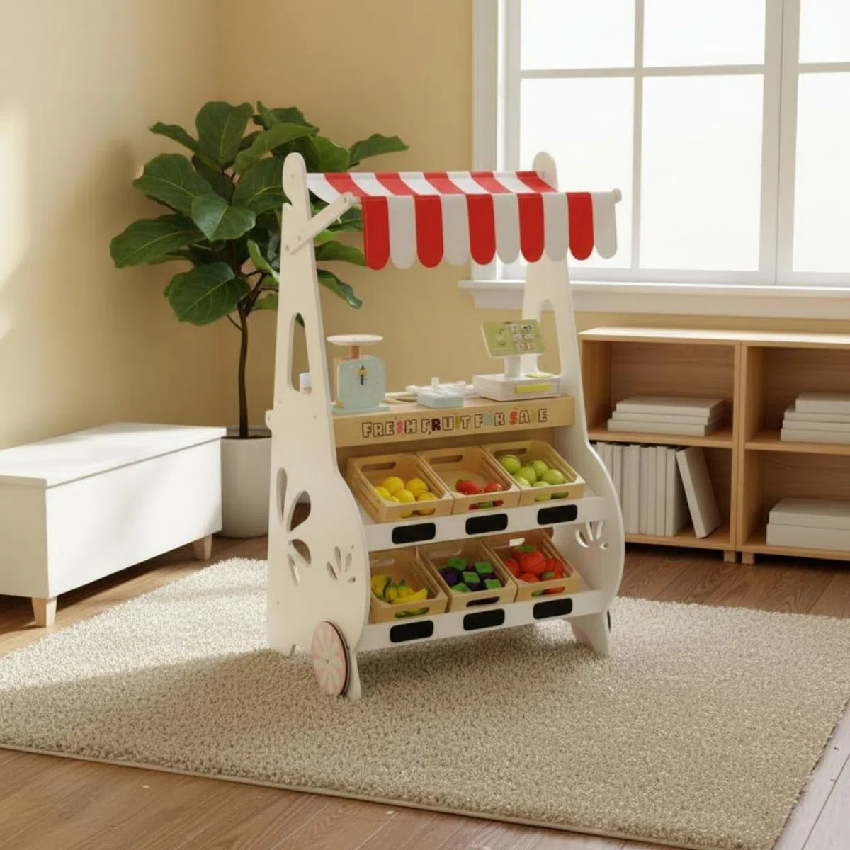 fruchtstand aus Holz Rollenspiel Spielladenstand interaktives Spiel Früchtestand für Kinder, Kleinkinder, Kindergarten, Spielzimmer