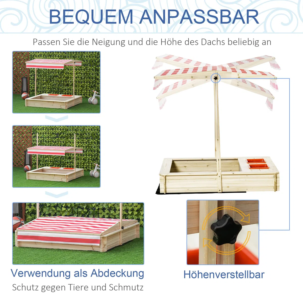 Outsunny Sandkasten Sandkiste Holz Bodenloses Design mit absenkbarem und schwenkbarem Dach Kurbeldach 2 Kunststoffeinsätzen für 3-8 Jahre Kinder Natur 118 x 118 x 118 cm