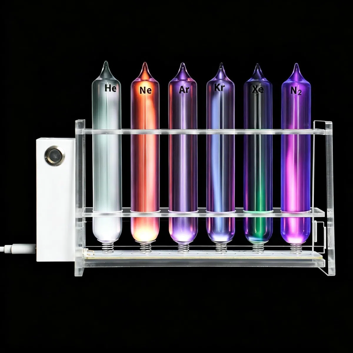 Edelgas-glimmentladungs-demonstrationsset, 6 Glasröhrchen Mit Anregungsbasis, He/ne/AR/kr/xe/n2 Für Den Chemie- Und Physikunterricht