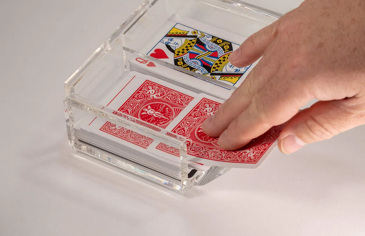 La Canasta Set Canasta Kartenhalter Tablett mit 2 Spielkarten in Acryl-Box mit Schiebedeckel und drehbarem Boden, hält Stapel von Karten organisiert, leicht zu drehen und dreht sich frei (Orange)