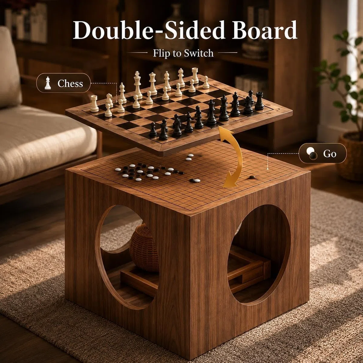 Reversible Chess Go-Tischplatte, Elegantes Natur