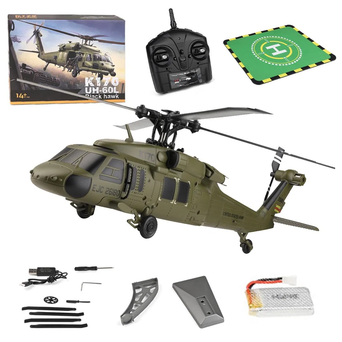 WL K170 Black-Hawk Rc Hubschrauber, UH-60L 170 Größe 2,4G 4-Kanal Schwungstabfreier Funkhubschrauber Für Erwachsene, Mit Einstellbarem Linken Und Rechten Handgashebel (RTF-Version)