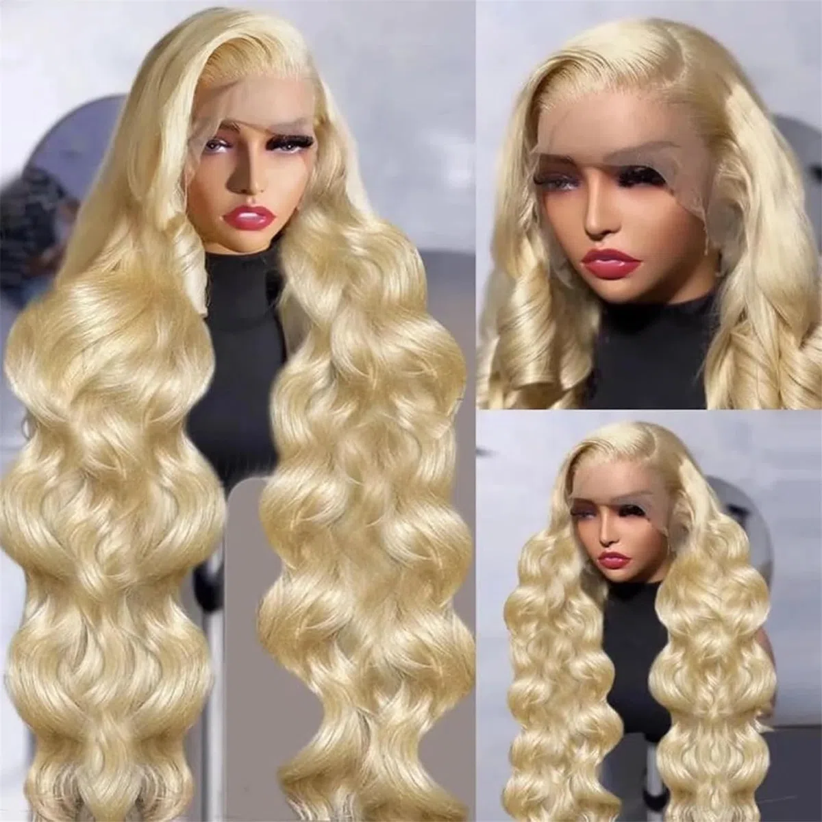 Schöne Echthaar-Perücke, gewellt, blond, mit Spitze vorne(20inches)