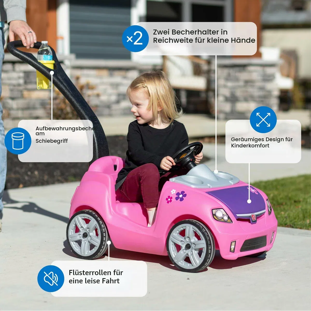 Step2 Whisper Ride Kinderauto/Rutscher in Rosa | Spielzeug Auto mit Schiebestange | Kinderfahrzeug/Rutscherauto ab 1.5 Jahre