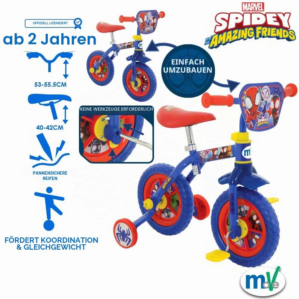 Spidey & His Amazing Friends 2-in-1-Trainingsfahrrad für Kinder, 25,4 cm verstellbar, für Kinder ab 2 Jahren, abnehmbare Pedale und Stabilisatoren