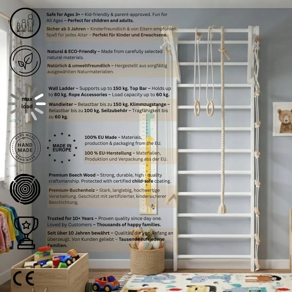 Sport & Spiel Sprossenwand "Sport-2-220 Weiß“ – Massives Turn- & Klettergerüst für Kinder & Erwachsene, Schwedische Leiter, Turnringe aus Holz, Schaukel, Seil, Indoor Spielgerät & Familienfitness