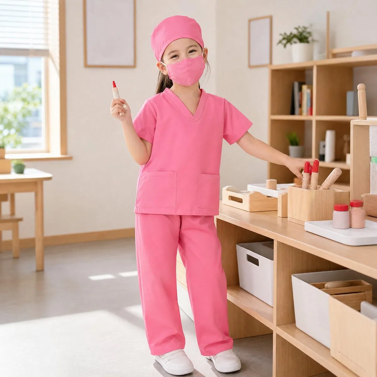 Kinder-Arztkostüm aus Polyester weich verarbeitet OP-Kostüm mit Hose und Kappe bequem Krankenschwester-Spielset für Schultheater, Zuhause, Rosa, 110CM