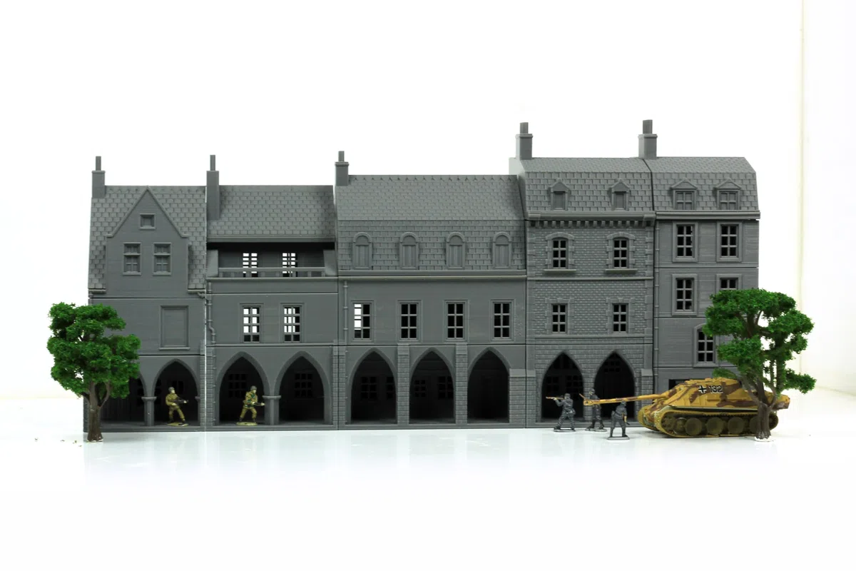 Carentan – Mittelalterliche Arkadenreihe | Französische Stadthäuser für Tabletop & Dioramen | Wargaming Gelände WW2 | 15 mm / 20 mm / 28 mm Maßstab