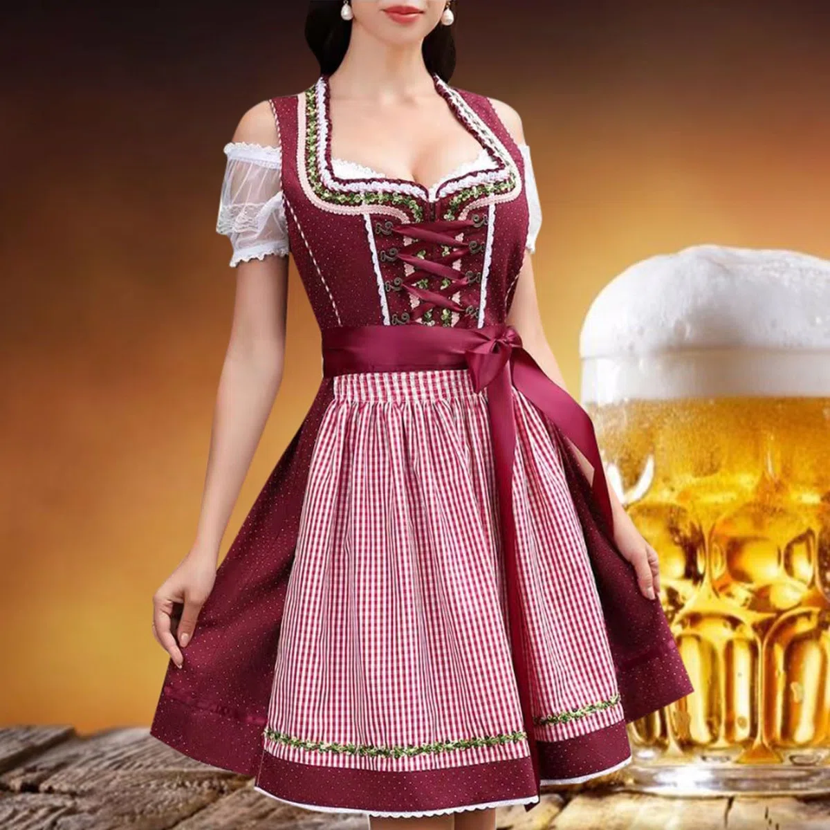 Generisch Festliche Stimmung: Böhmisches Bierfestkleid für Damen, Set aus weißem Spitzen-Crop-Top und fließendem Midirock für Oktoberfest, Halloween und Partys (Red, L)