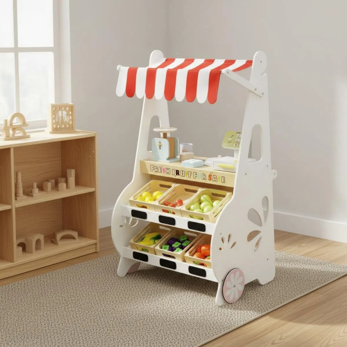 fruchtstand aus Holz Rollenspiel Spielladenstand interaktives Spiel Früchtestand für Kinder, Kleinkinder, Kindergarten, Spielzimmer