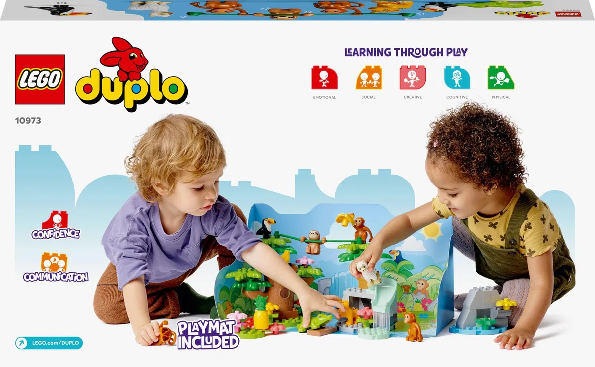 LEGO 10973 DUPLO Wilde Tiere Südamerikas Spielzeug-Set mit 7 Tierfiguren, Steine und Dschungel-Spielmatte, Lernspielzeug ab 2 Jahre