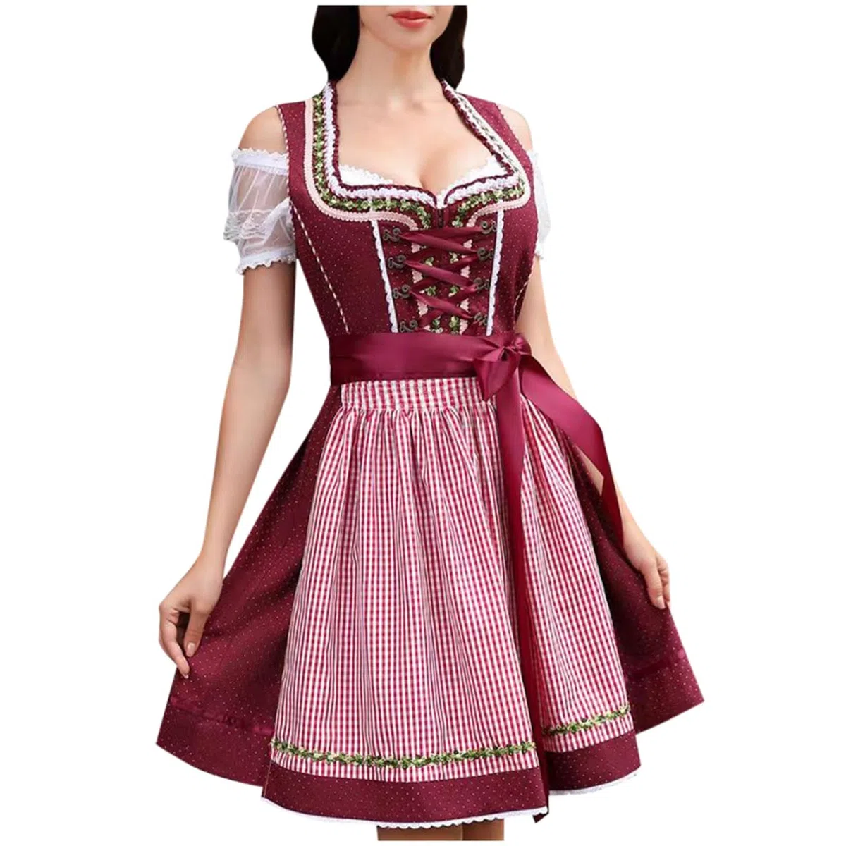Generisch Festliche Stimmung: Böhmisches Bierfestkleid für Damen, Set aus weißem Spitzen-Crop-Top und fließendem Midirock für Oktoberfest, Halloween und Partys (Red, L)
