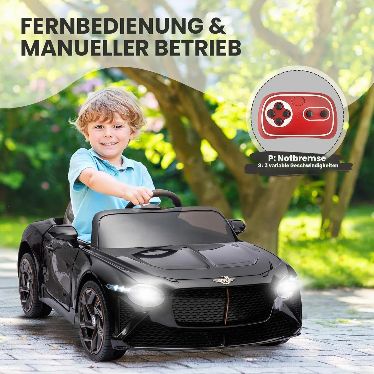Bentley Baccara Elektroauto Für Kinder – Offiziell Lizenziert 12V Kinderauto Mit 2.4G-Fernbedienung, MP3-Player, USB/AUX/Bluetooth & Sicherheitsfeatures – Einzelsitzer Für Kinder 3-8 Jahre, Schwarz