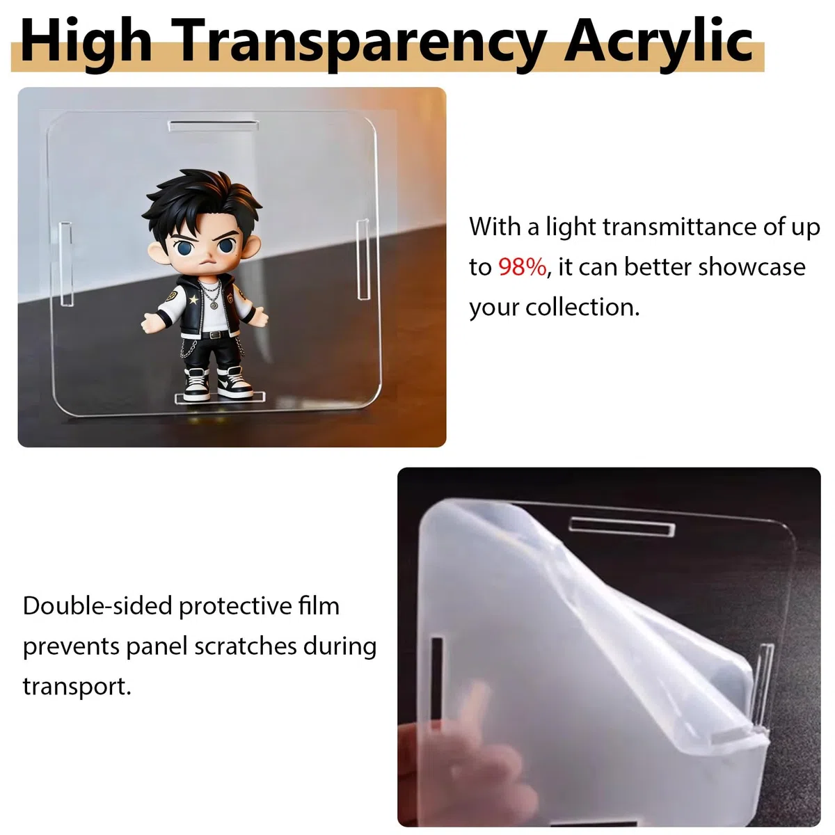 30 x 30 x 30 cm große Actionfiguren-Vitrine aus transparentem Acryl, staubdichte Aufbewahrungsbox mit Holzsockel, stapelbare Spielzeugpuppen-Organizer-Vitrine (30 x 30 x 30 cm)