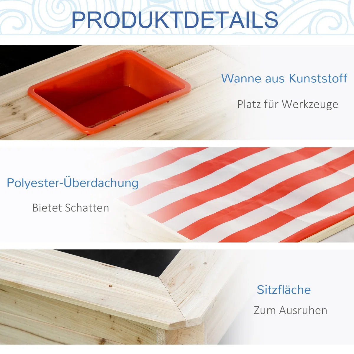 Outsunny Sandkasten Sandkiste Holz Bodenloses Design mit absenkbarem und schwenkbarem Dach Kurbeldach 2 Kunststoffeinsätzen für 3-8 Jahre Kinder Natur 118 x 118 x 118 cm
