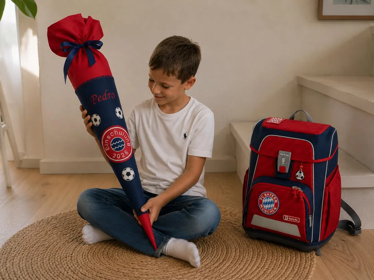 Glückspilz I Schultüte mit Namen personalisiert I FC Bayern München I Zuckertüte aus Stoff I mit Kissen I Rot