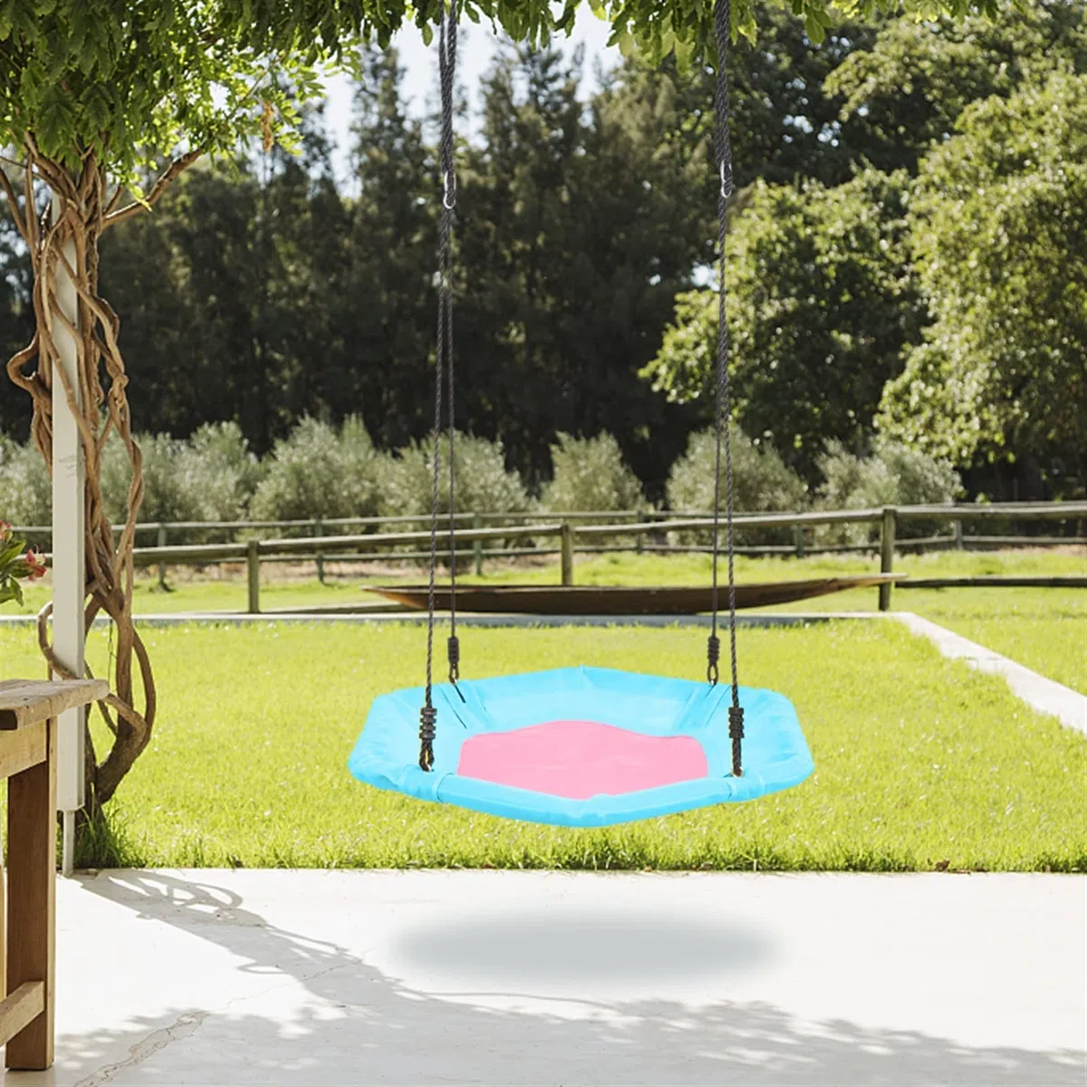 Schaukeln 40-Zoll-Sechseck-Swing-Textilene-Swing mit 2 Karabinern einstellbare Seil-Untertassenbaumschwingen (Rosa Blau) Multifunktions Trapeze