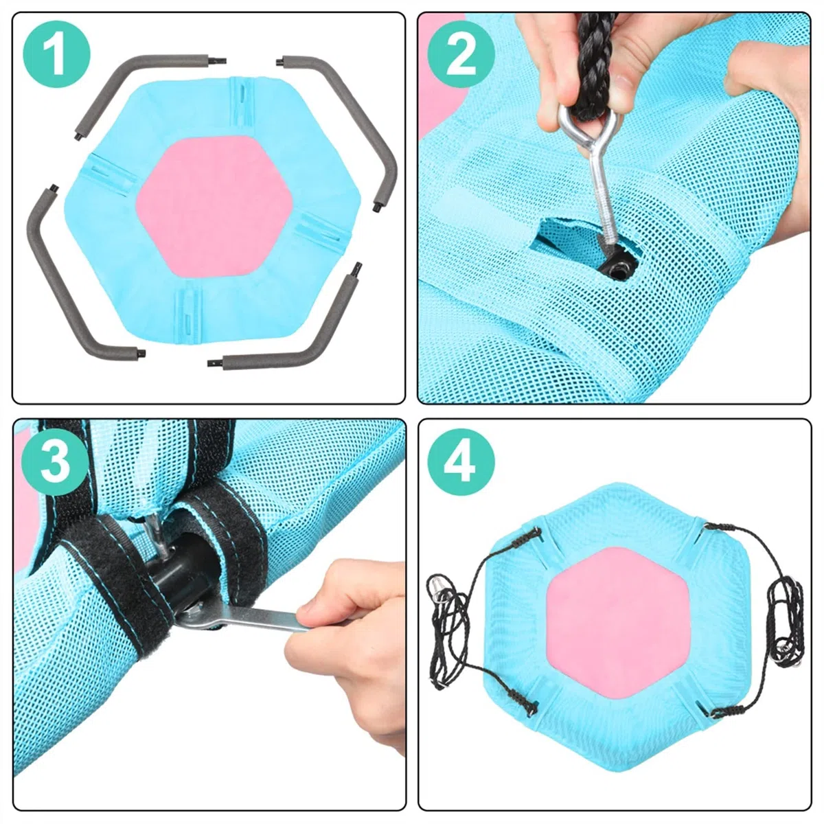 Schaukeln 40-Zoll-Sechseck-Swing-Textilene-Swing mit 2 Karabinern einstellbare Seil-Untertassenbaumschwingen (Rosa Blau) Multifunktions Trapeze