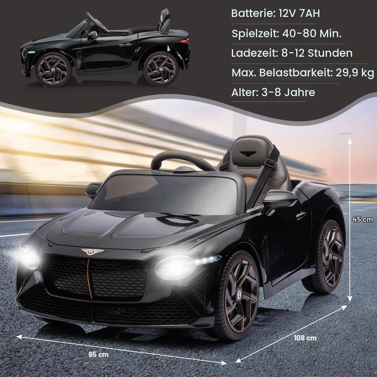 Bentley Baccara Elektroauto Für Kinder – Offiziell Lizenziert 12V Kinderauto Mit 2.4G-Fernbedienung, MP3-Player, USB/AUX/Bluetooth & Sicherheitsfeatures – Einzelsitzer Für Kinder 3-8 Jahre, Schwarz