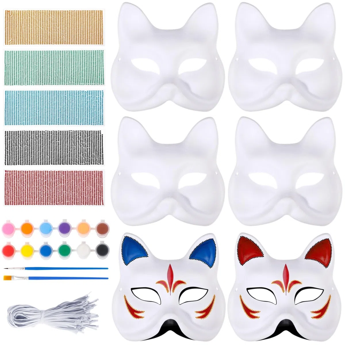 50 Stk. Fuchs Masken zum Basteln, weiße Kostüm Masken mit Farb- und Strass Dekorationsset, Papier Fuchs Masken mit Gummiband, bemalbare Bastelmasken für Maskerade, Cosplay, Tanzparty, Halloween