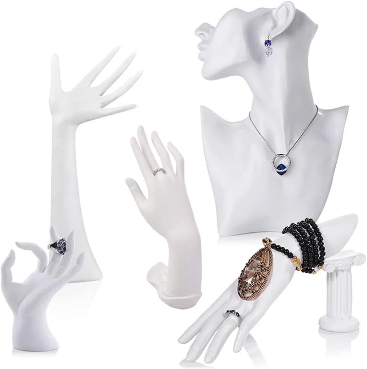 Schmuckständer, 5er-Pack Schaufensterpuppen-Set aus Kunstharz, Schaufensterpuppen- und Handdisplay for Damen mit halbem Gesicht, Vitrine for Armbänder und Ringe, elegante Schaufensterpuppen.