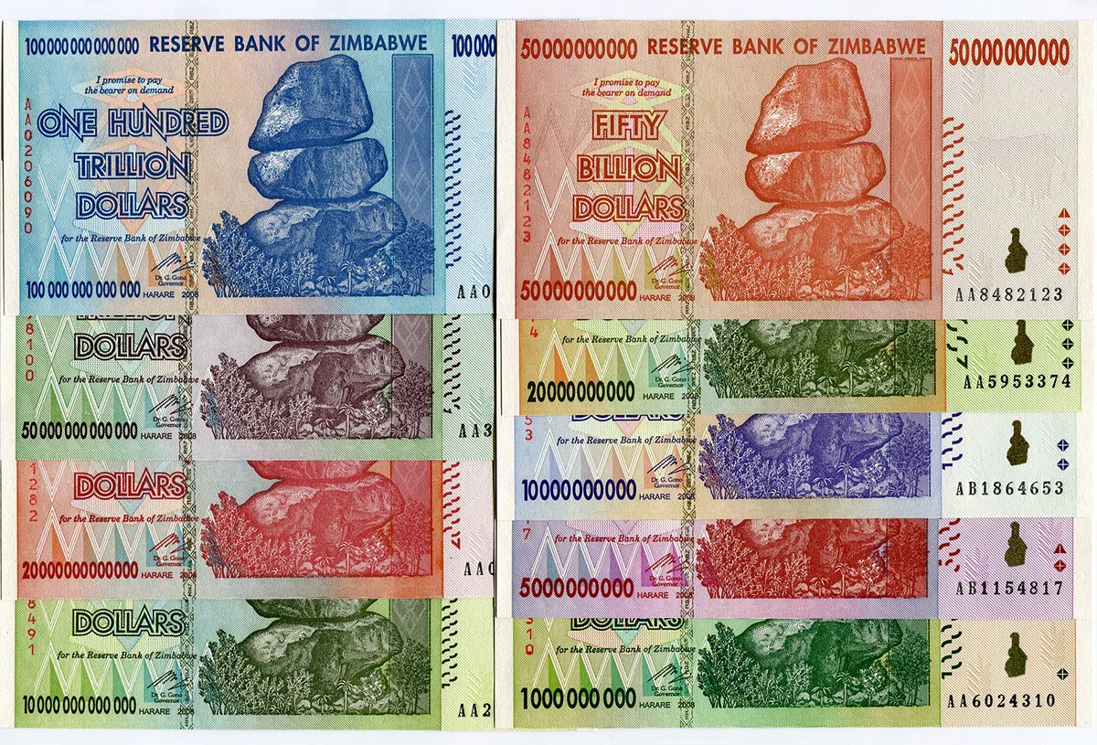 Zimbabwe 10, 20, 50, 100 Trillion, 1, 5, 10, 20, 50 Billion Dollar, currency 2008 banknotes bills World inflation record 9 notes set by RBZ