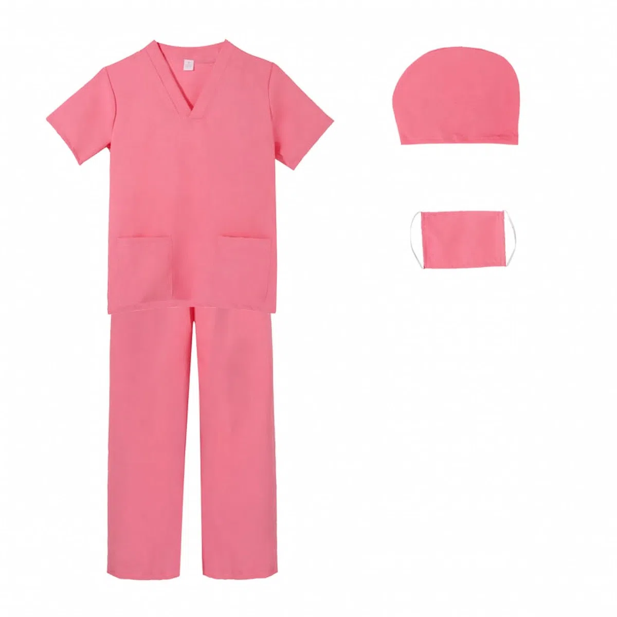 Kinder-Arztkostüm aus Polyester weich verarbeitet OP-Kostüm mit Hose und Kappe bequem Krankenschwester-Spielset für Schultheater, Zuhause, Rosa, 110CM
