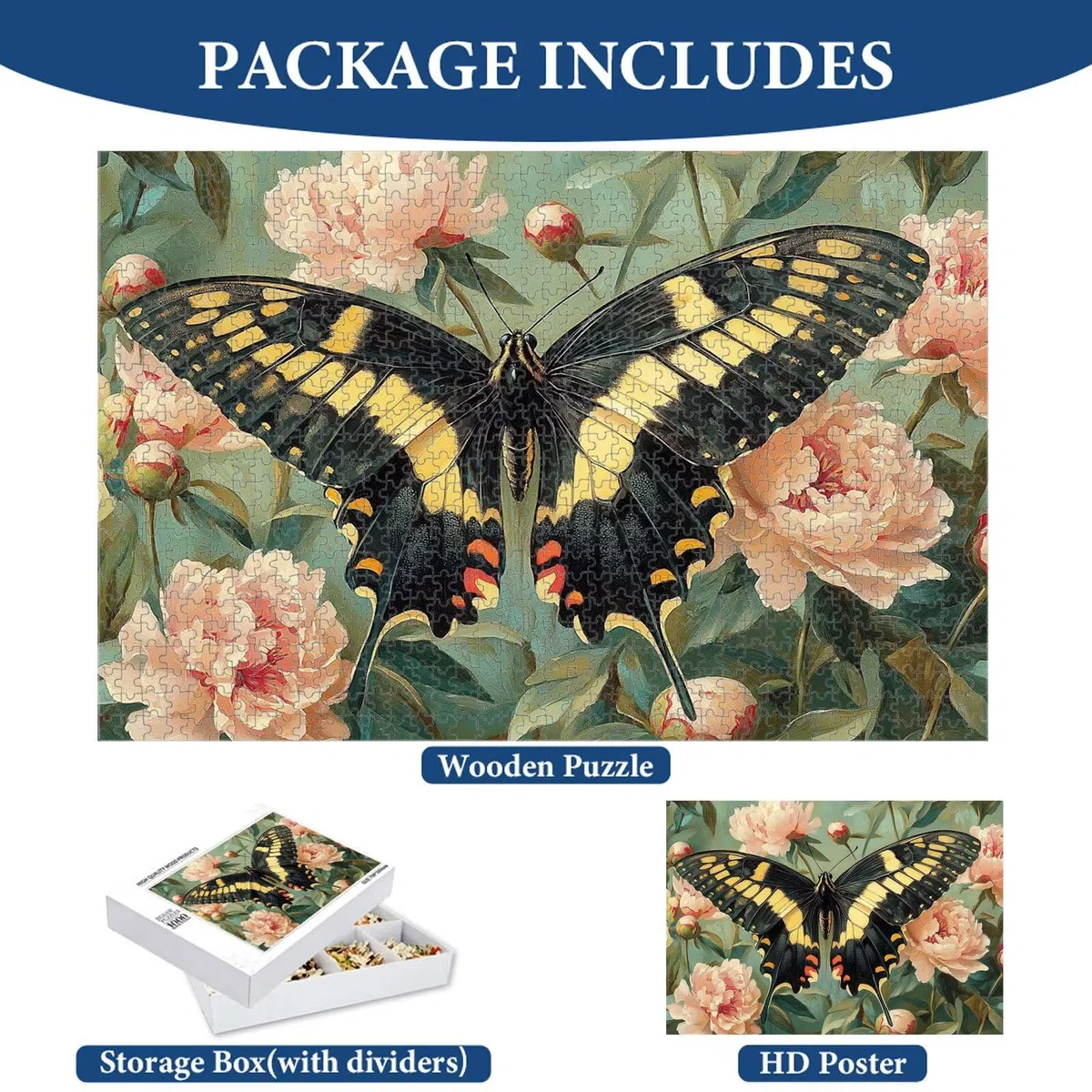 Puzzle 3000 Teile für Erwachsene, Schmetterling & Blume Holzpuzzle, 1T#289