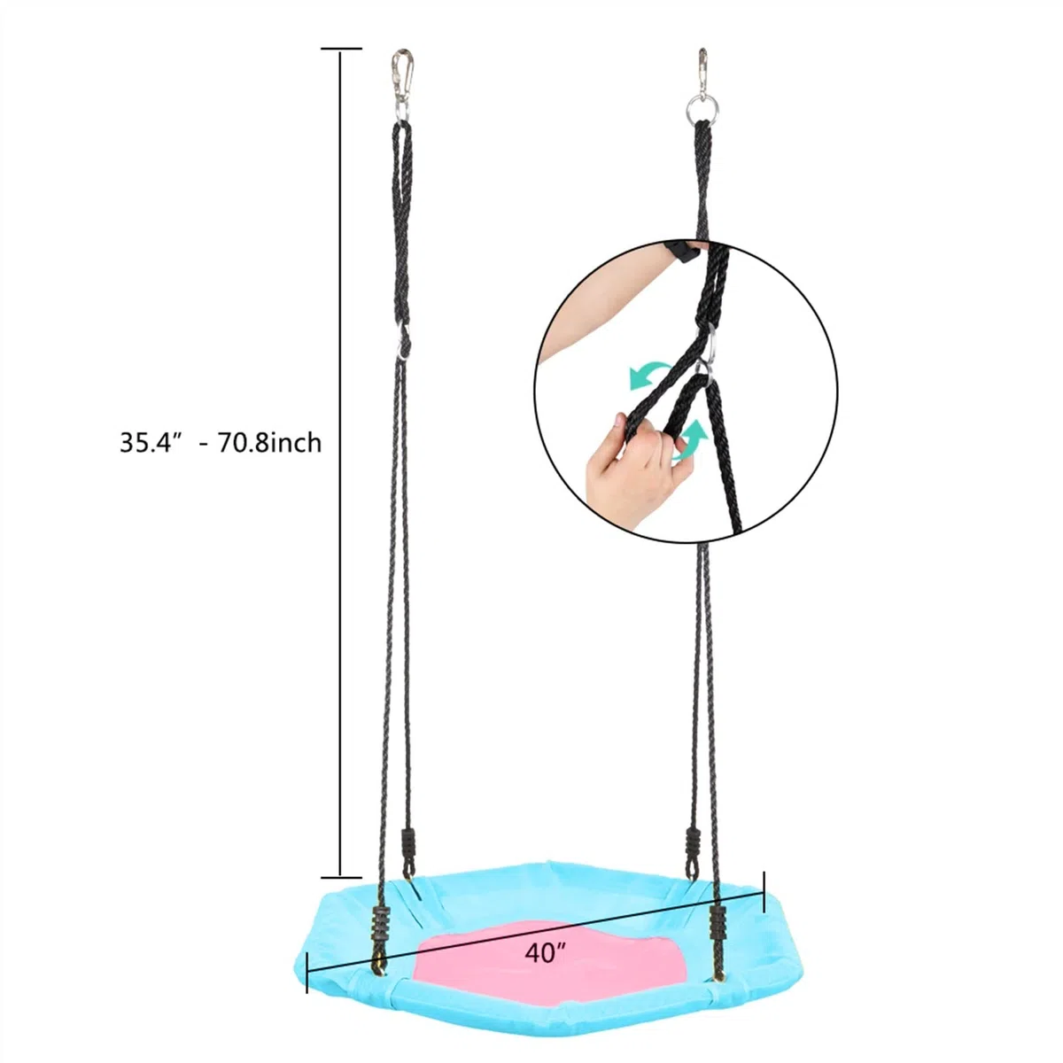 Schaukeln 40-Zoll-Sechseck-Swing-Textilene-Swing mit 2 Karabinern einstellbare Seil-Untertassenbaumschwingen (Rosa Blau) Multifunktions Trapeze
