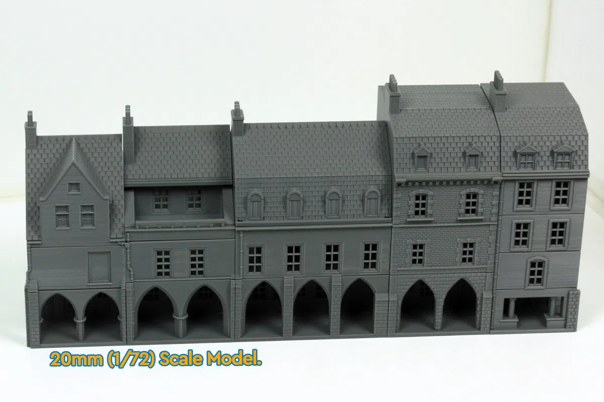 Carentan – Mittelalterliche Arkadenreihe | Französische Stadthäuser für Tabletop & Dioramen | Wargaming Gelände WW2 | 15 mm / 20 mm / 28 mm Maßstab