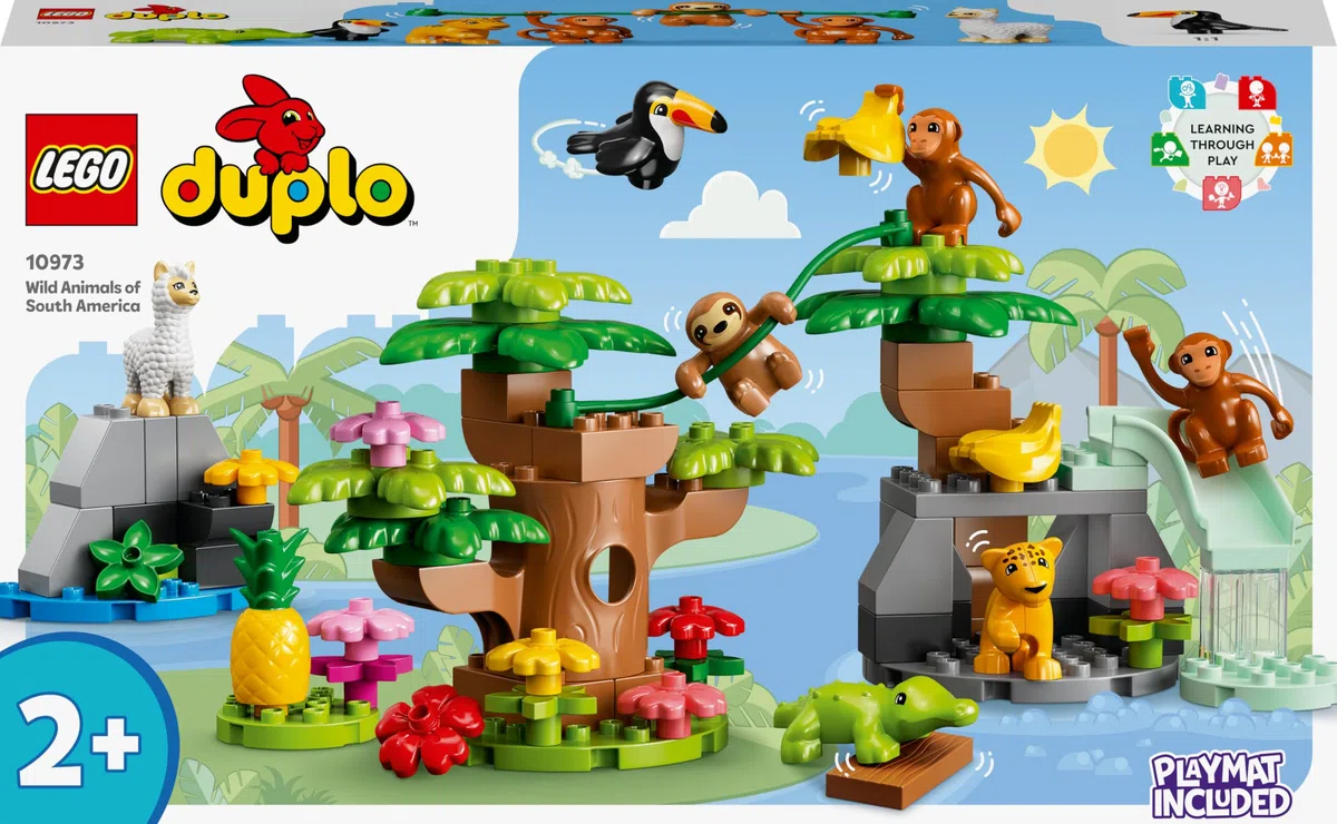 LEGO 10973 DUPLO Wilde Tiere Südamerikas Spielzeug-Set mit 7 Tierfiguren, Steine und Dschungel-Spielmatte, Lernspielzeug ab 2 Jahre