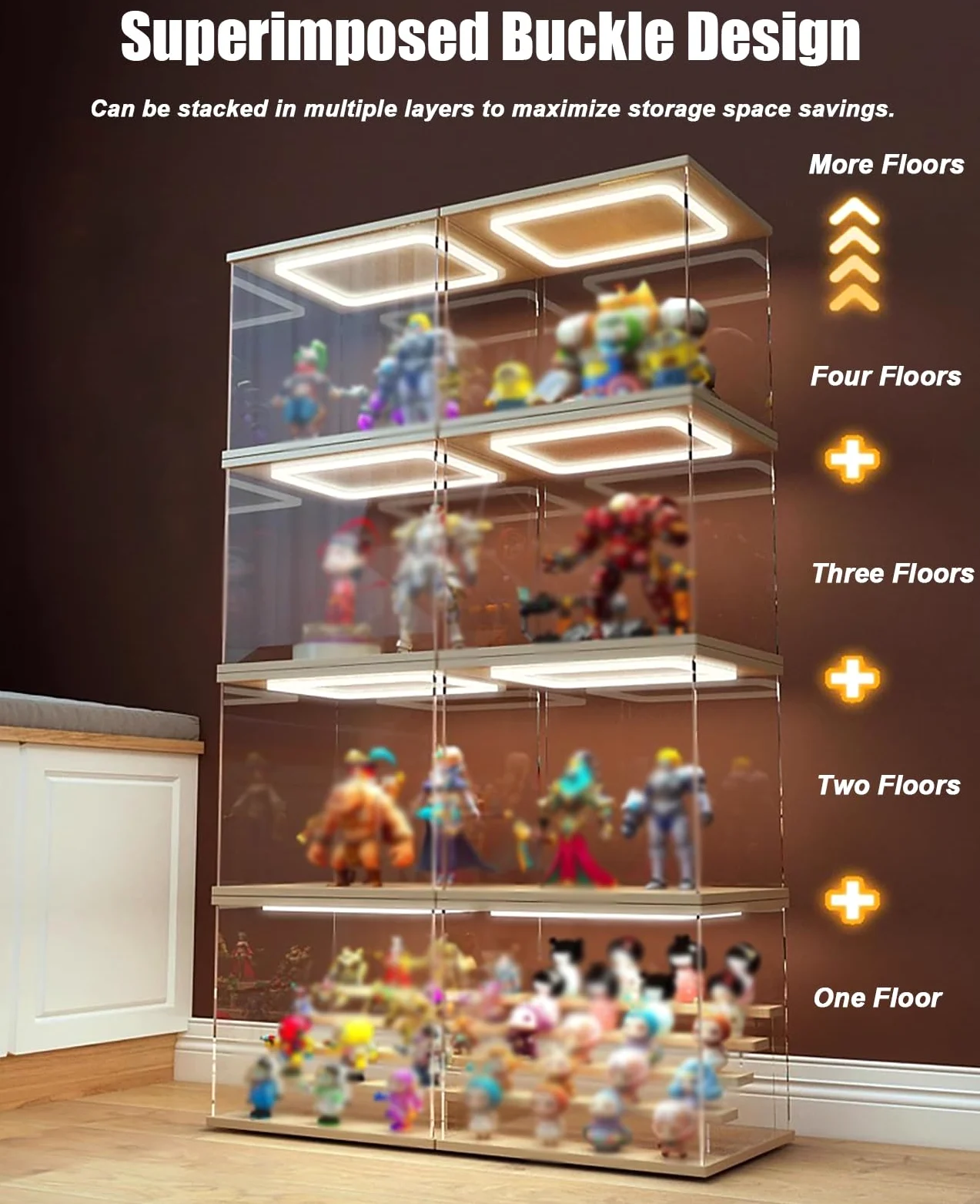 Acryl Vitrine Hohe, Transparente Acrylvitrine Von Figures Dalls, Staubdichte Aufbewahrungsbox mit LED-Beleuchtung, Schutz für Thekenvitrinen für Sammlerstücke, Modelle Und Modellautos(40x45x60cm/16x18