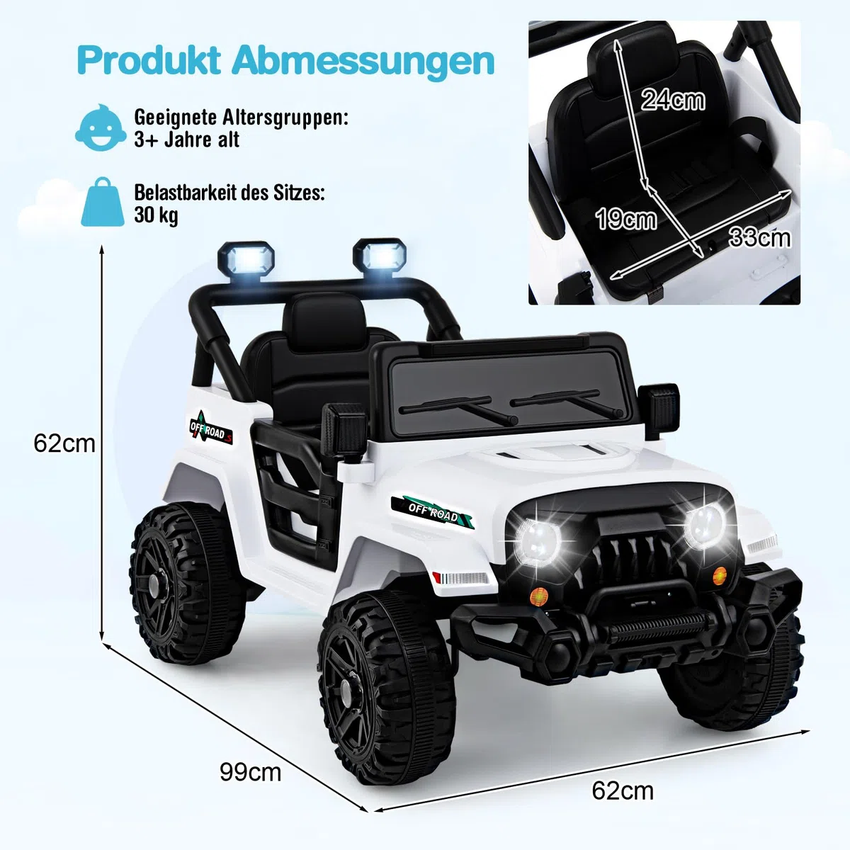 COSTWAY 12V Elektroauto Kinder, Elektro Kinderauto mit 2,4G Fernsteuerung, LED-Leuchten, Musik und Hupe, 3-6 km/h, Elektro Auto für Kinder ab 3 Jahren(Weiß)