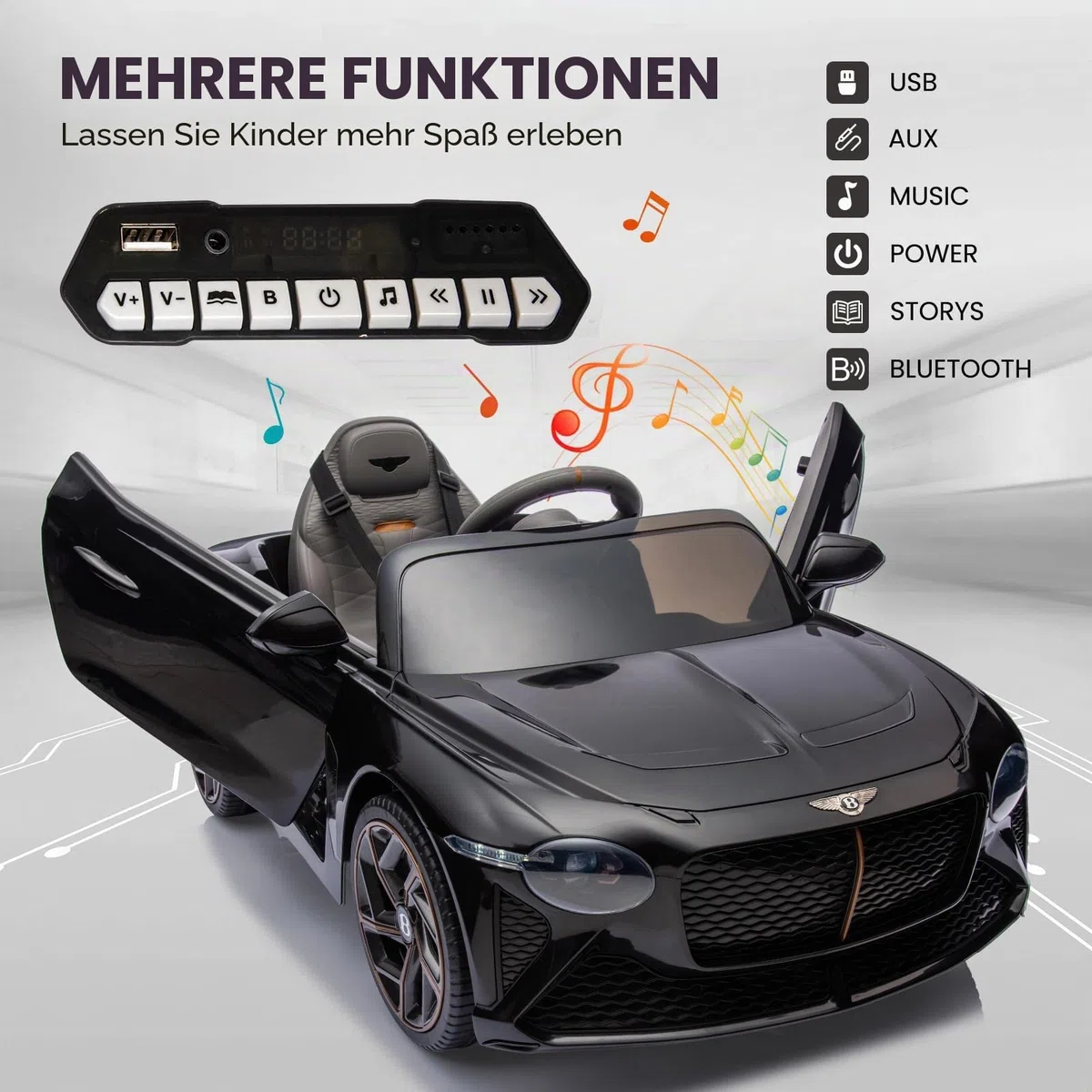 Bentley Baccara Elektroauto Für Kinder – Offiziell Lizenziert 12V Kinderauto Mit 2.4G-Fernbedienung, MP3-Player, USB/AUX/Bluetooth & Sicherheitsfeatures – Einzelsitzer Für Kinder 3-8 Jahre, Schwarz