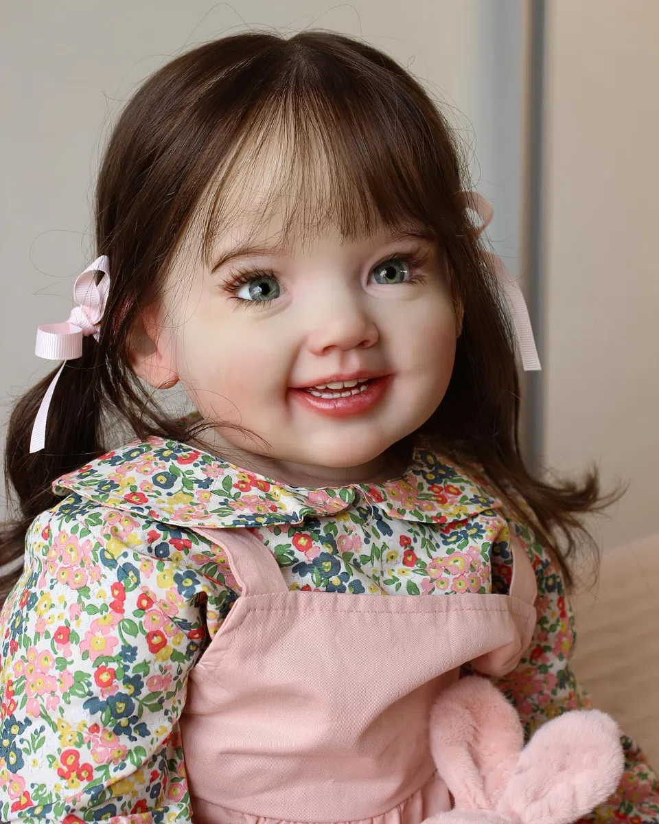 MineeQu 28 Zoll Langes braunes Haar Lebensechte Reborn Prinzessin Mädchen Puppen, die echt Aussehen und Sich echt anfühlen, Realistischee Neugeborene Kleinkind Sammlerpuppe Lächelnd mit Zähnen