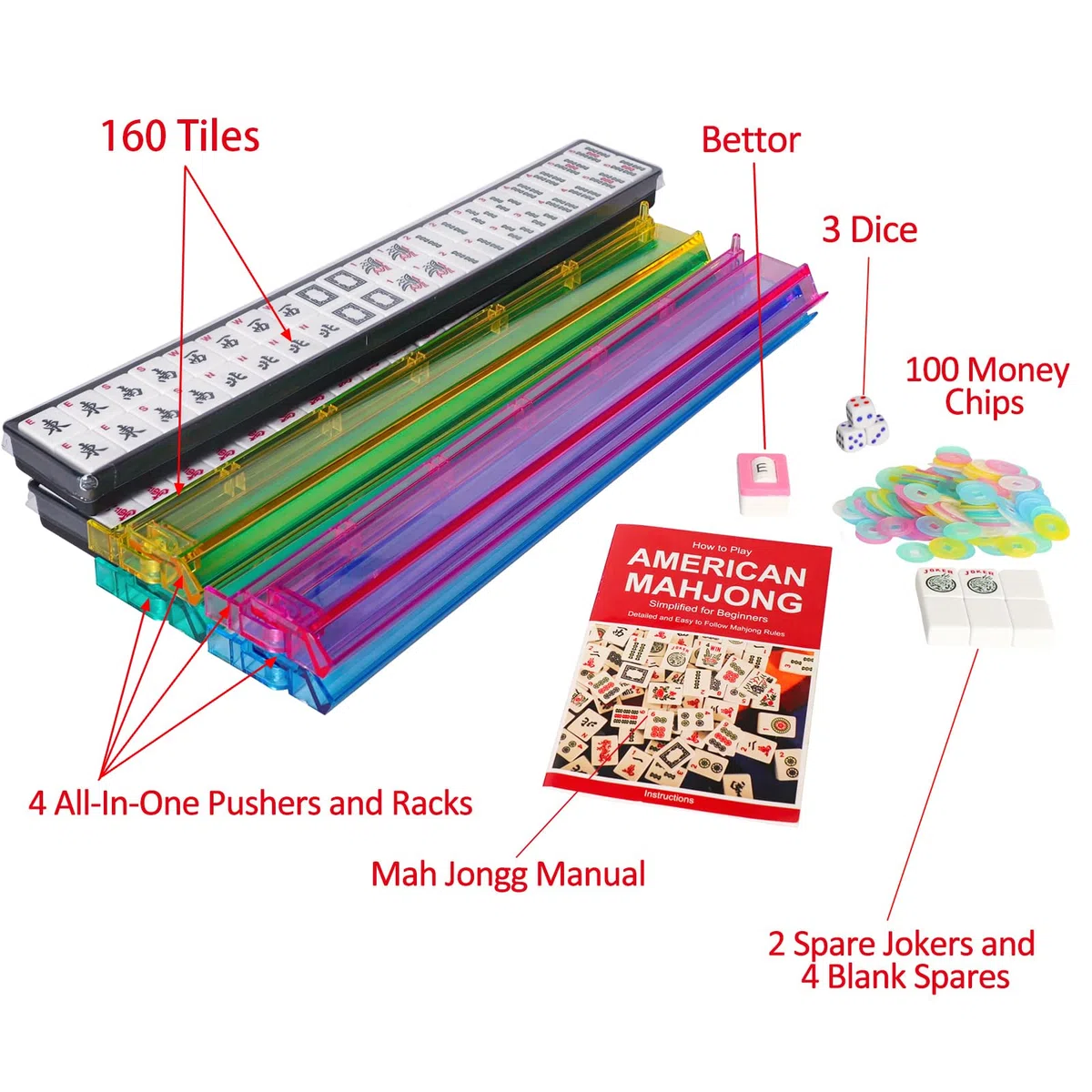Jongyance American Mahjong Set, Mahjong Game Set, 166 Spielsteine mit blauer und roter Tasche, 4 All-in-One Rack/Drücker, MaJongg Set (Mahjong, Majiang, Ma Jong)