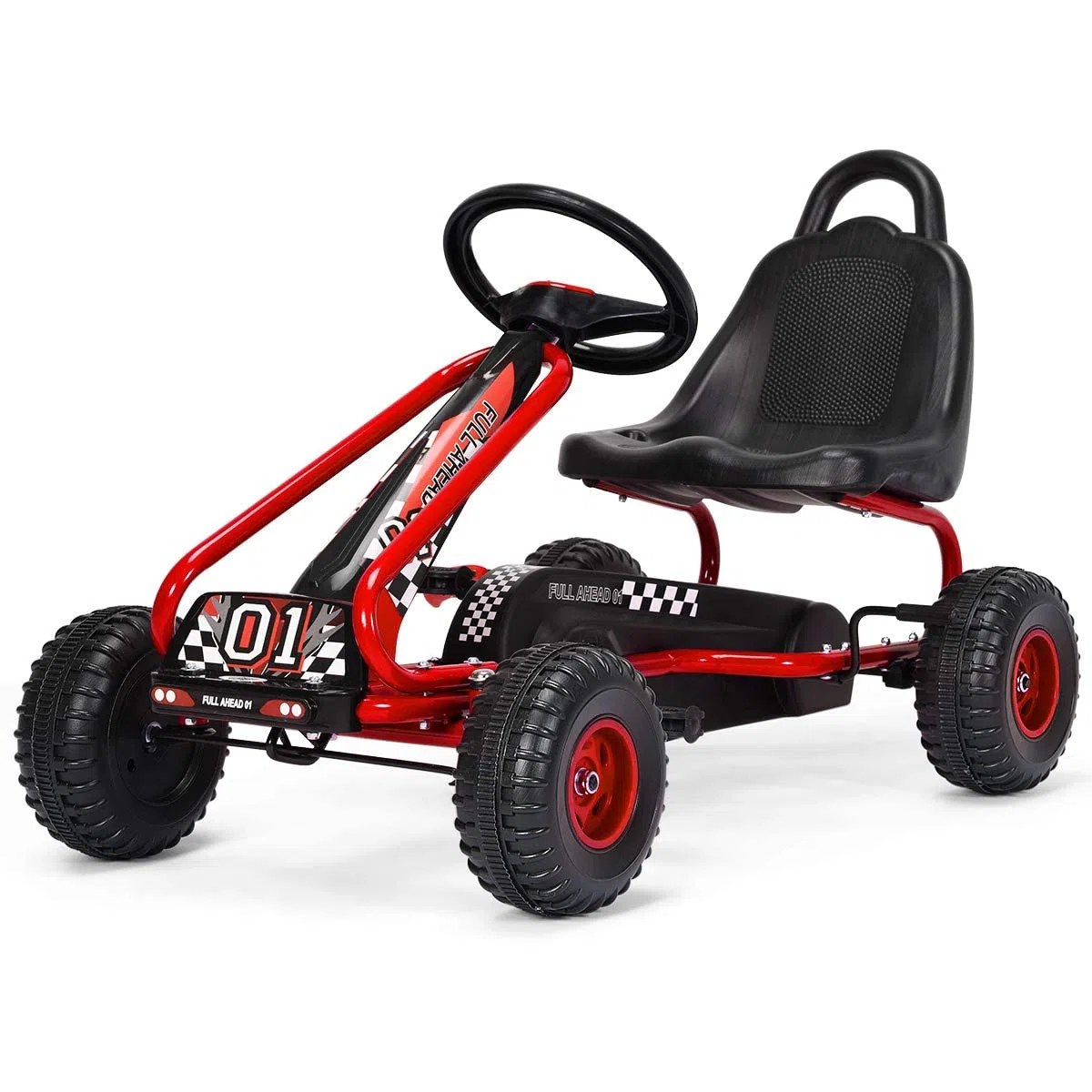 FANTASK Gokart mit verstellbarem Sitz, Go Cart mit Handbremse, Tretauto bis 30 kg belastbar, Kinderfahrzeug für Kinder von 3-6 Jahren (Rot)