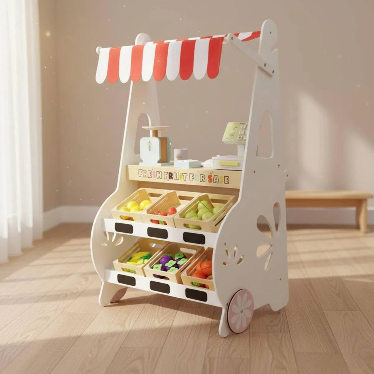 fruchtstand aus Holz Rollenspiel Spielladenstand interaktives Spiel Früchtestand für Kinder, Kleinkinder, Kindergarten, Spielzimmer