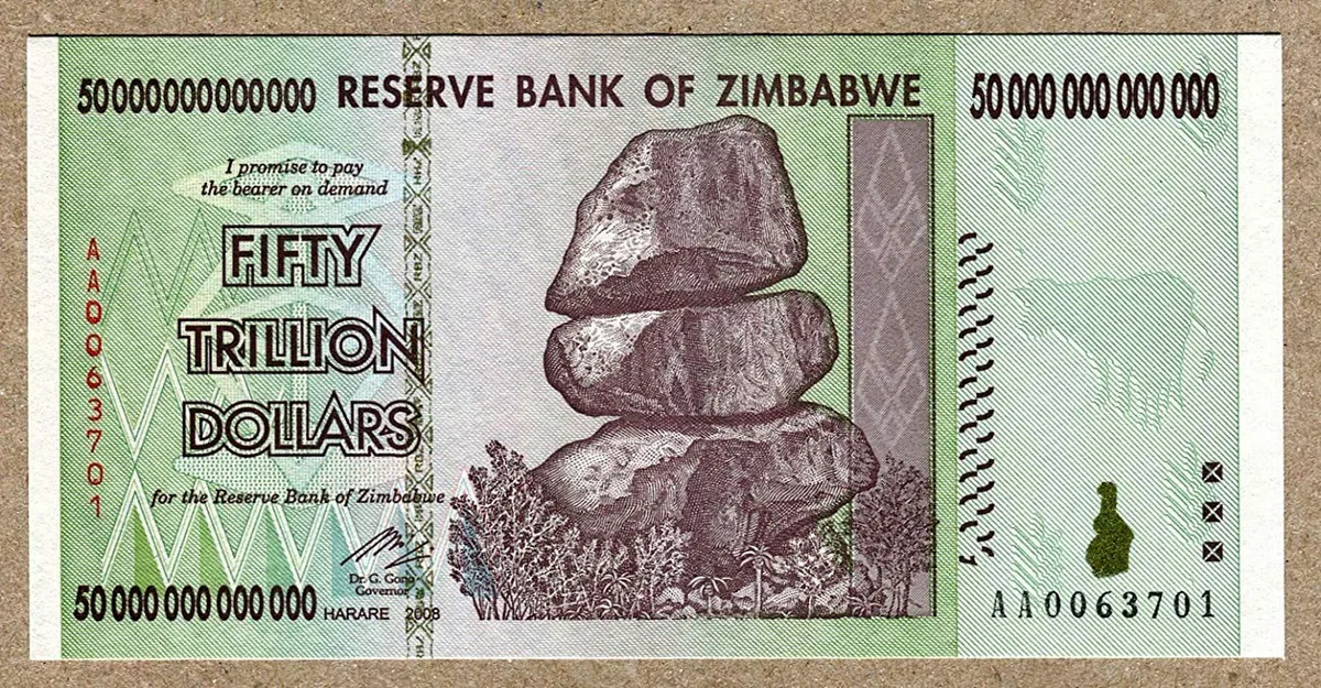Zimbabwe 50 Trillion Dollar Extremely Low Serial AA00. Note Bill Money Inflation Record Currency Banknote by Zimbabwe Central Bank