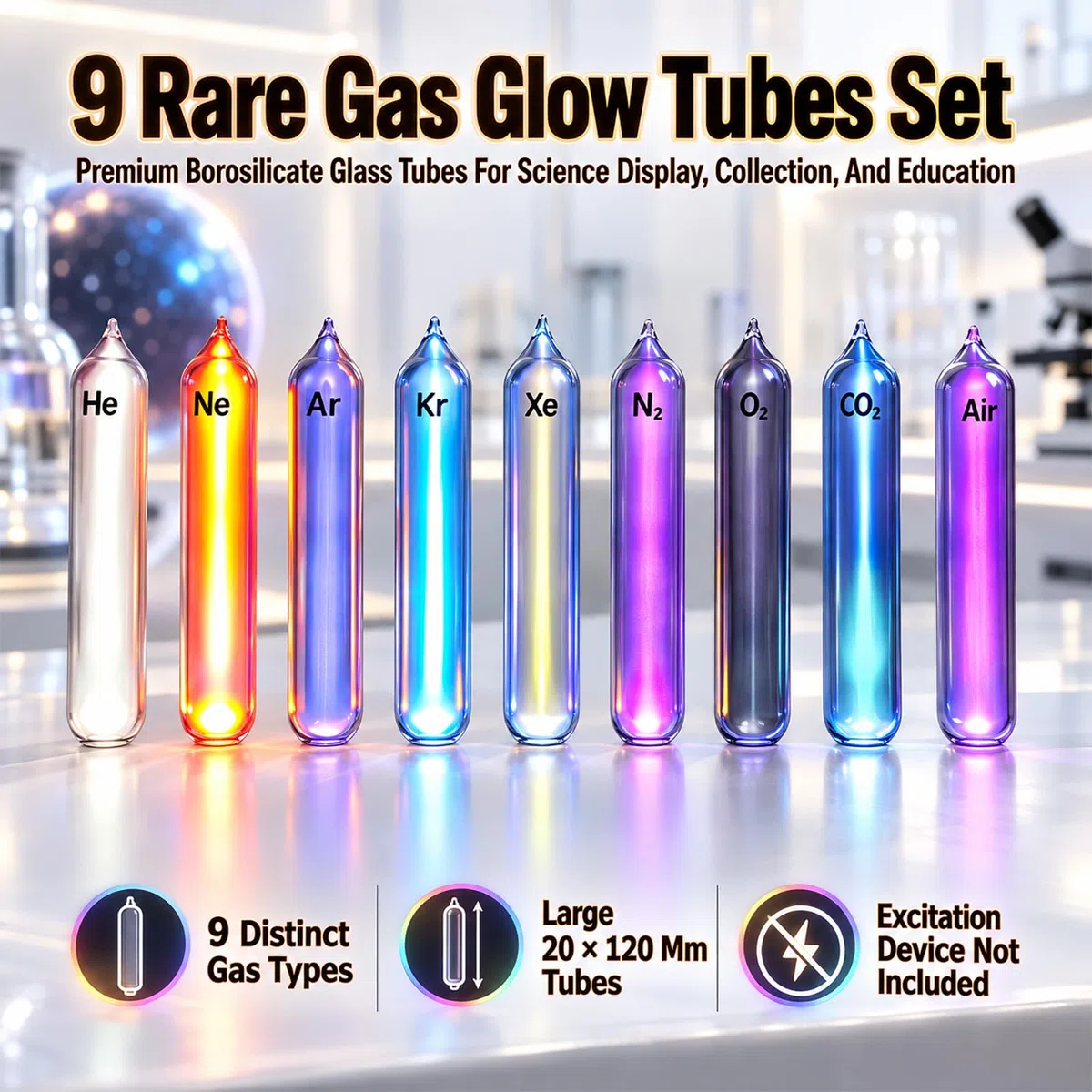 Seltene Leuchtgase, 99,999% Reinheit, Helium, Neon, Argon, Krypton, Xenon, Stickstoff, Sauerstoff, Kohlendioxid, Luft, Visuelle Effekte, Für Sammler Und Lehrzwecke, 9er-Packung